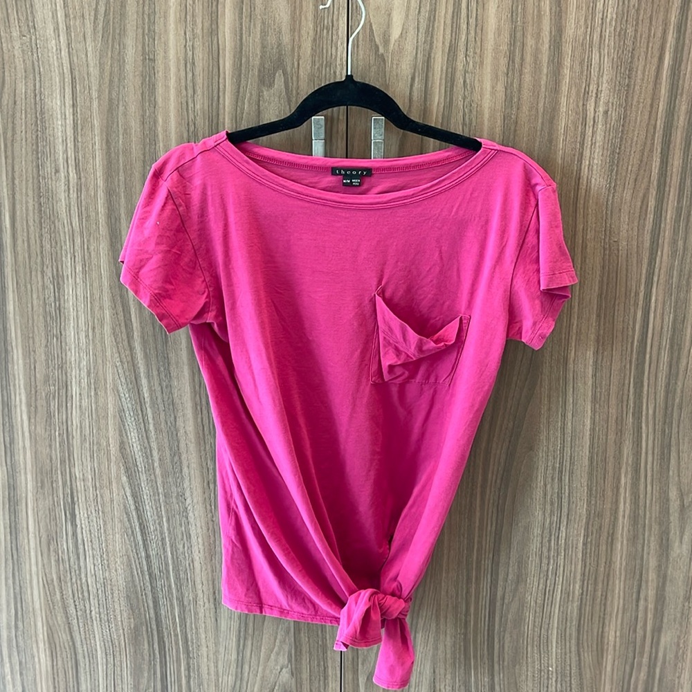 Theory Pink Asymmetrical Tied Tee with Pocket. Size: M, Condition: Excellent